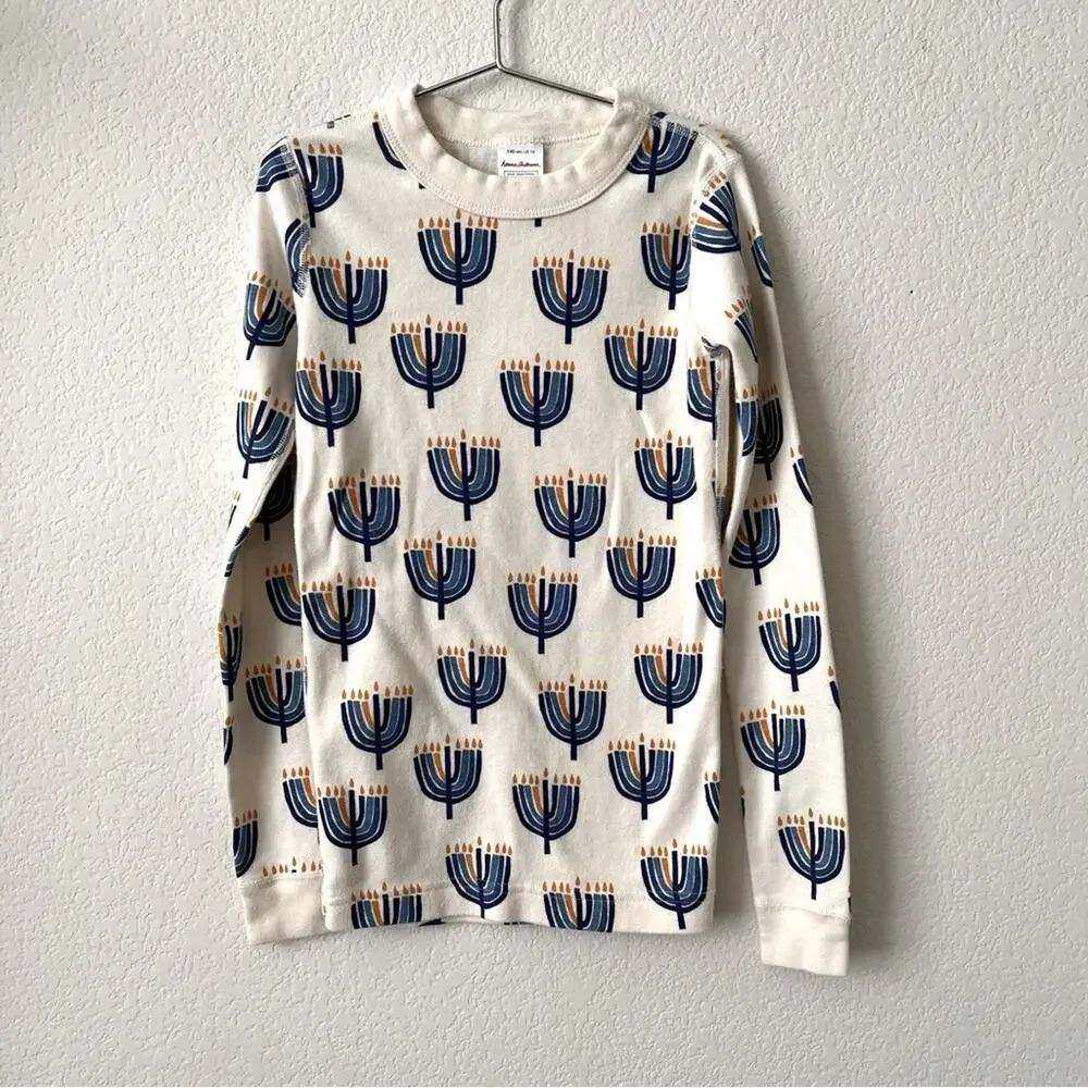Hanna Andersson ivory cream blue Hanukkah menorah print long sleeve pajama top